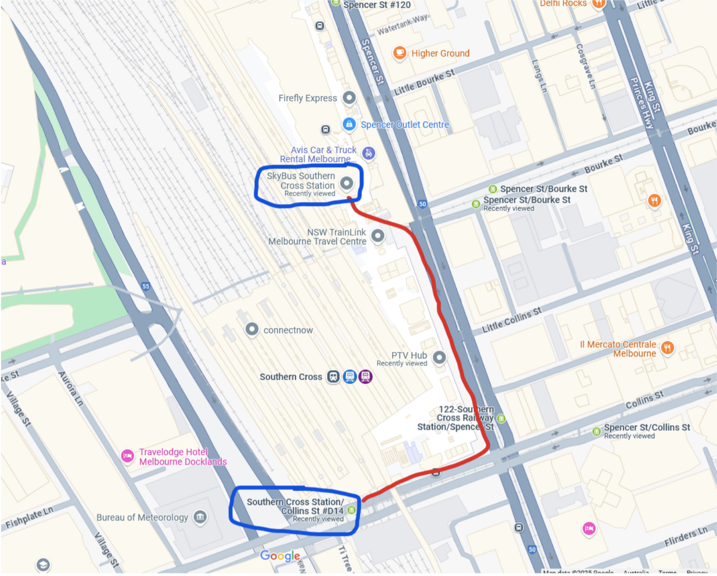 the recommended walking route between the Skybus and the tram